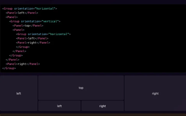 Nested group markup above a live layout of five dark panels, the middle column widened by a drag.